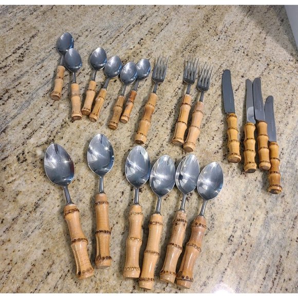 VINTAGE MID-CENTURY AUTHENTIC BAMBOO HANDLE TIKI FLATWARE STAINLESS STEEL JAPAN - Picture 1 of 12